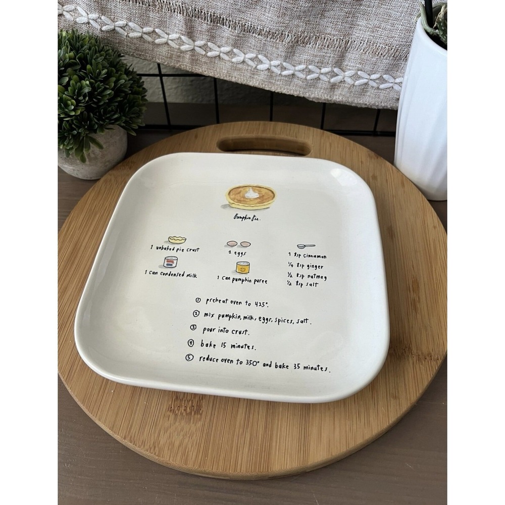 Rae Dunn Pumpkin Pie Recipe Card Square Plate Ceramic 8x8" Thanksgiving Fall